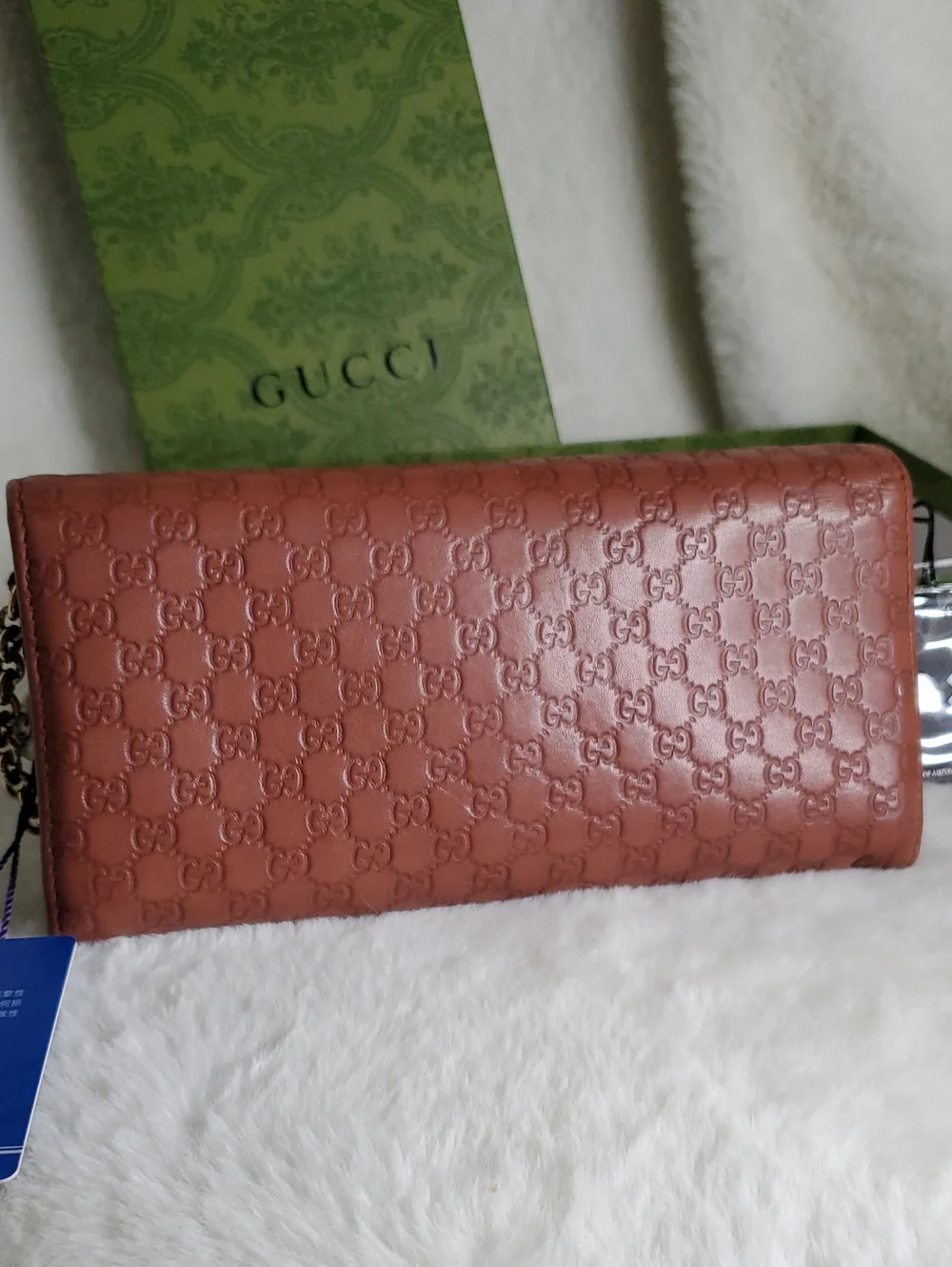 Gucci Coral Embossed GG Leather Chain Clutch with Gold Hardware